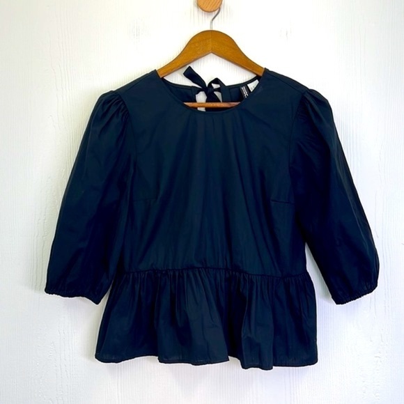 H&M - NWT Black Cotton Ruffle Open Tie Back Blouse Size XS - Picture 8 of 13